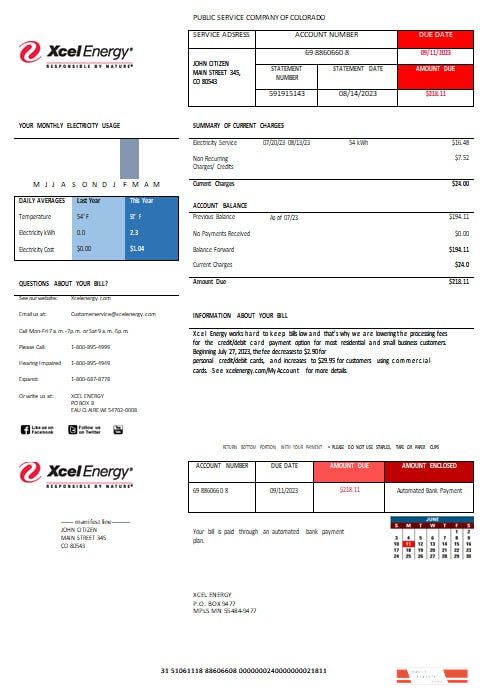 USA XcelEnergy electric utility bill Word and PDF formats
